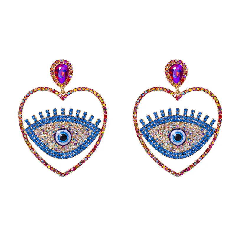 Turkish Blue Eye Stud Earrings Statement Resin Large Love Heart Evil Eyes Drop Jewelry Gold Plated Rhinestone Crystal