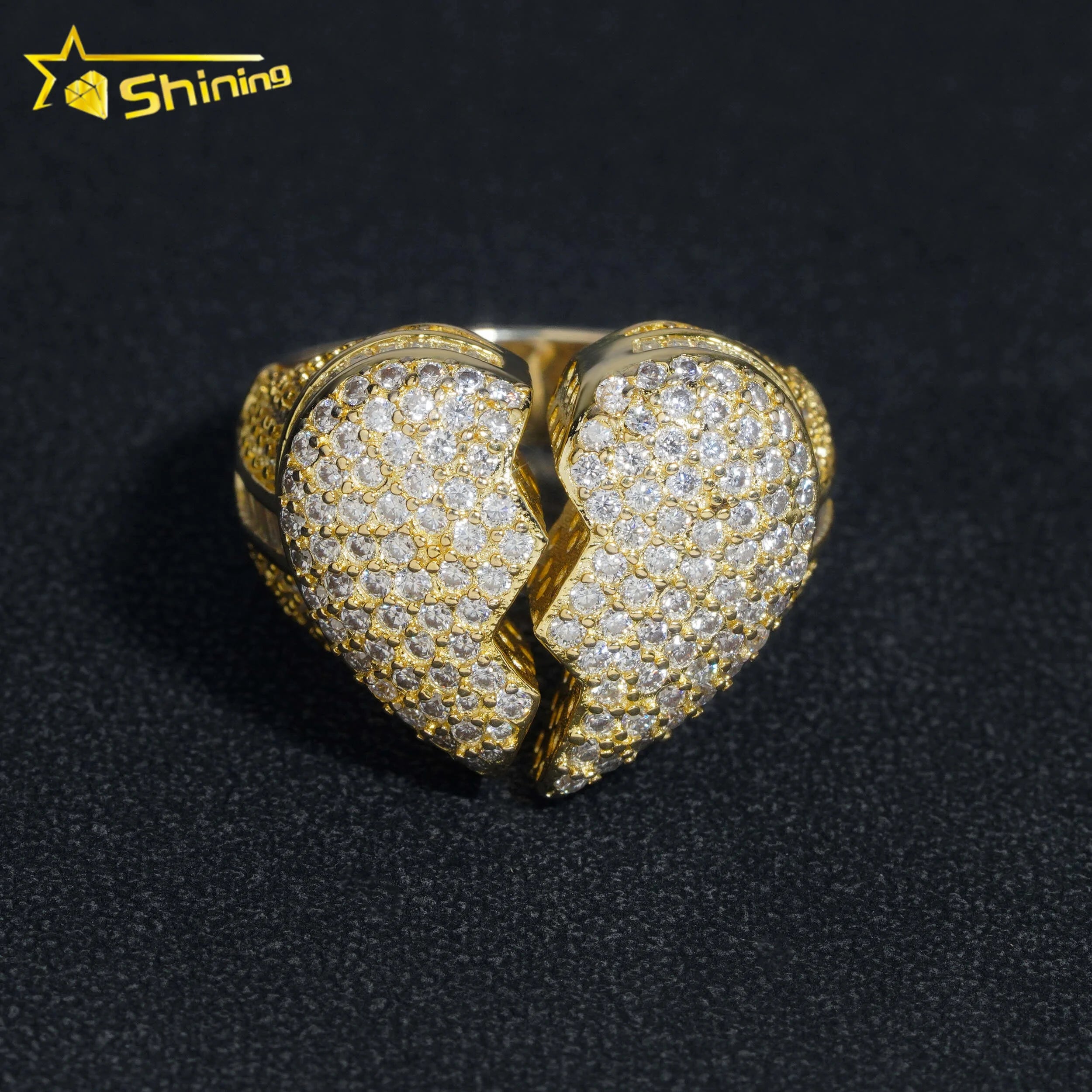 Hot Selling Broken Heart Hip Hop Rapper 925 Sterling Silver Iced Out Diamond Moissanite Ring for Men