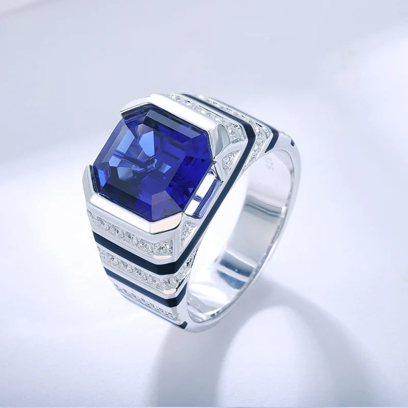 Fine Ring for Men Father's Day Gift Lab Grown Sapphire 9k White Gold Jewelry Ring