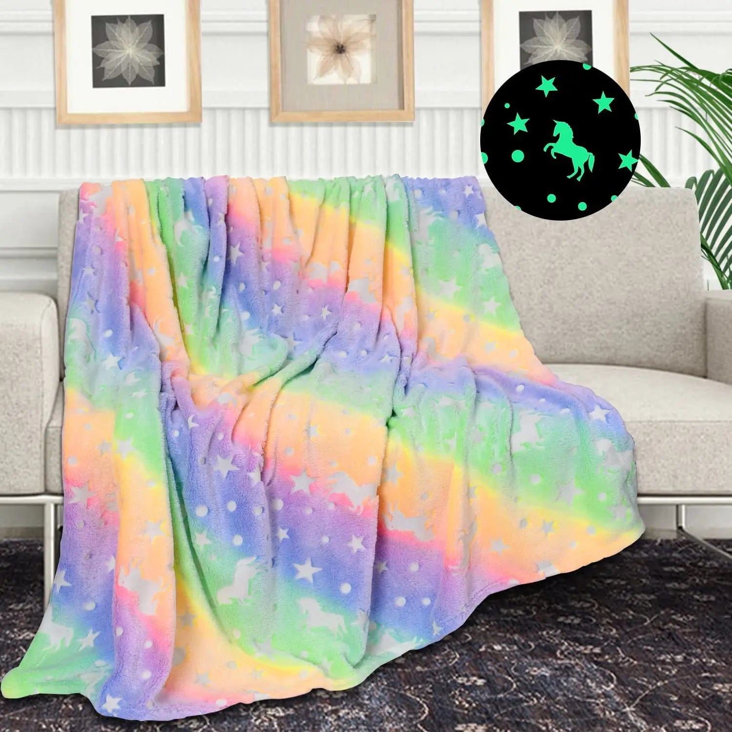Family Use Home Blankets Rainbow Luminous Unicorns Pattern Cozy Fleece Soft Plush Flannel Blanket Glow in the Dark
