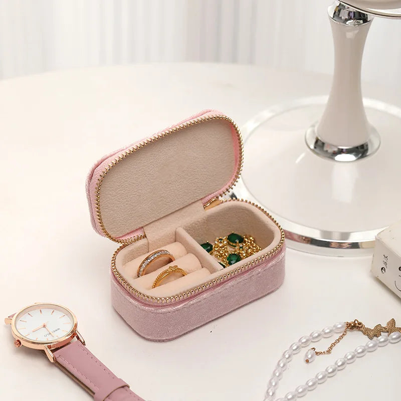 Hot Selling Mini Portable Velvet Jewelry Storage Box Simple Rectangle Style Travel Ring Earring Jewellery Box for Girls
