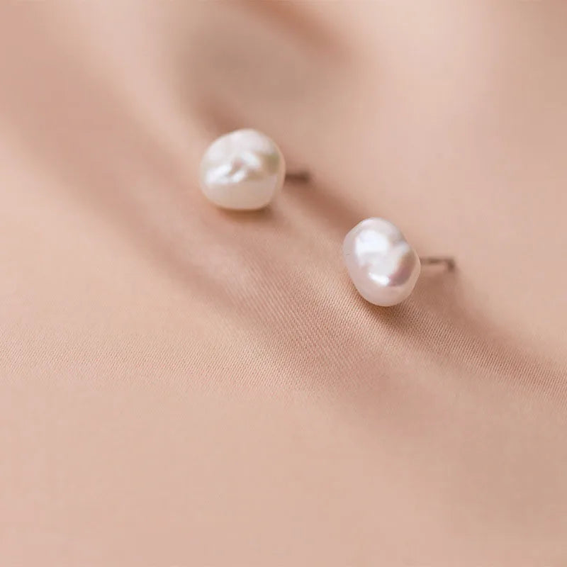 8MM Solid 925 Sterling Silver Irregular Fresh Water Pearl Stud Earrings for Girls Gifts Jewelry