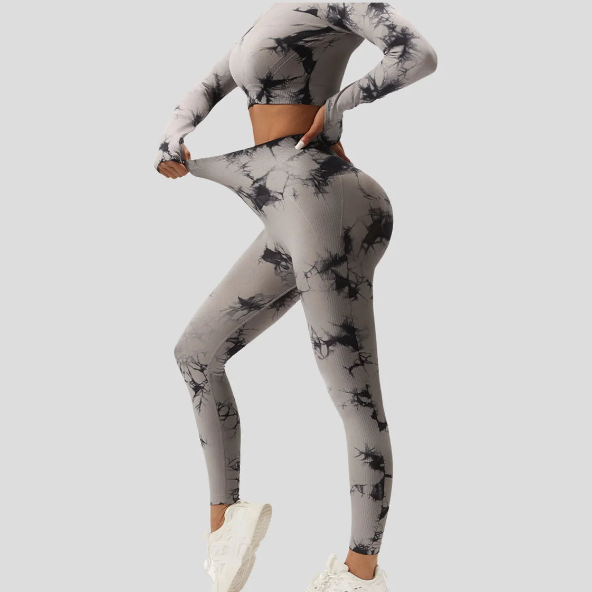 Long-Sleeved High-Waist Peach Floral Abdomen Sports Suit Tie-Dye Fitness Yoga 2-Piece Set Seamless Tight-Fitting