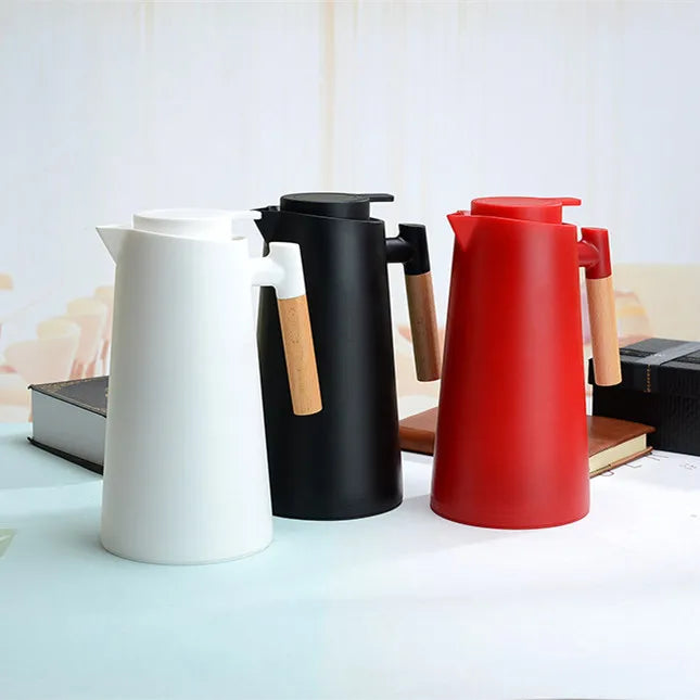 New Arrival Nordic Style Large Capacity 1L Double Wall Vacuum Glass Inner PP Plastic Portable Water Kettle Wooden Handle Coffee