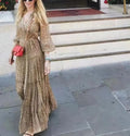 2025 Summer New Holiday Style Single-breasted V-neck A-line Belt Retro Printed Long Dress Chiffon
