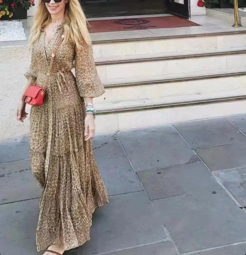 2025 Summer New Holiday Style Single-breasted V-neck A-line Belt Retro Printed Long Dress Chiffon