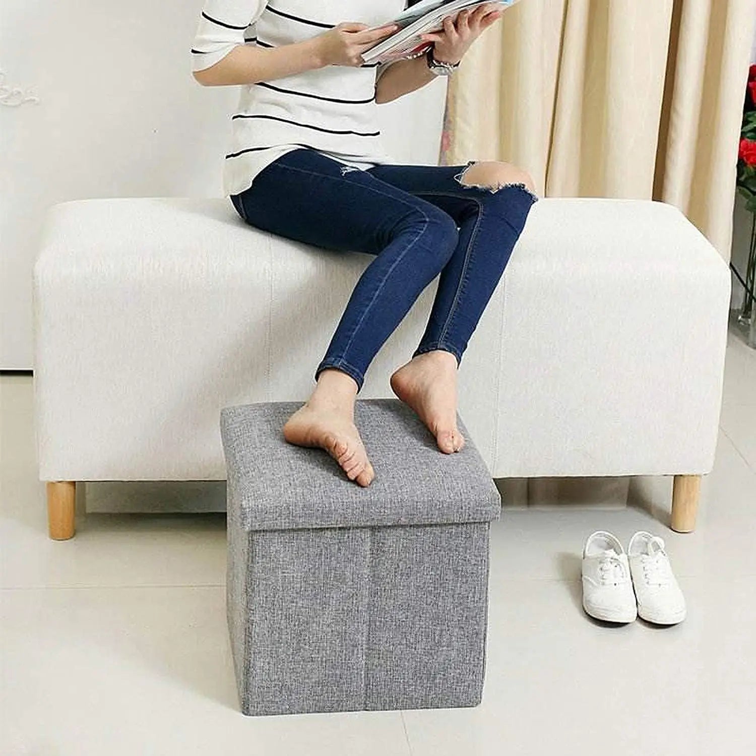 Linen Small Foot Stool Ottomans Multifunctional Footrest Storage Ottoman Upholstered Step Stool Seat