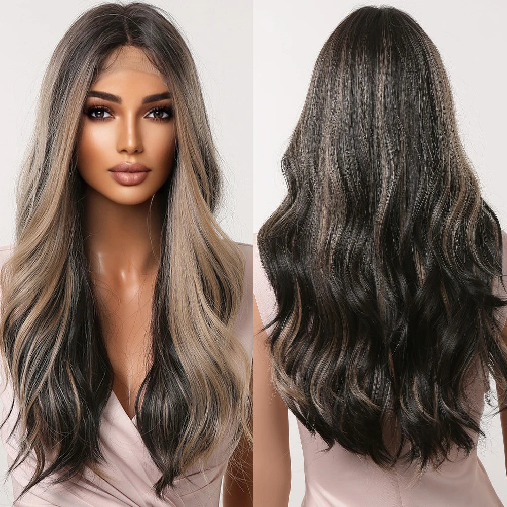 Japan Fiber Synthetic Mixed Black Blonde Hair Wig Ombre Long Wavy Lace Front Wigs Heat Resistant Wig for Black Women Afro