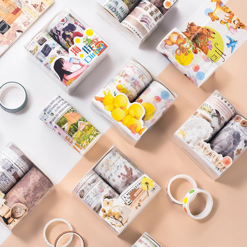 Creative Retro Time Series Hand Account Tape Set Animal Cartoon Character Sticker Water Activated Adhesive for DIY Home Decor