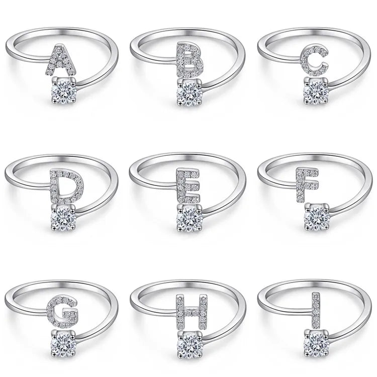 SP New Arrived Fine 925 Sterling Silver Ring Jewelry A-Z Zircon Initial Letter Rings Adjustable
