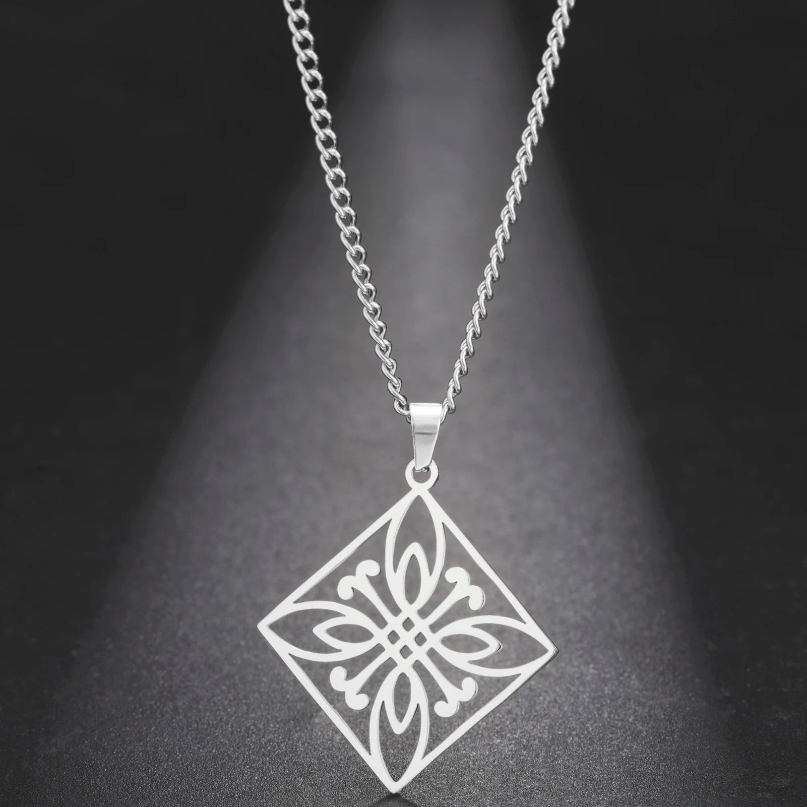 Stainless Steel Square Charm Necklace Hollow Out Square Flower Inside Link Chain  Necklace Jewelry Gifts for Women Men