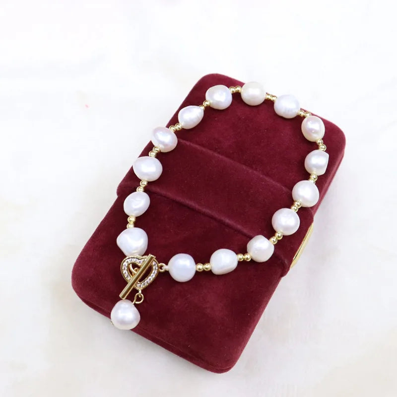 18K Gold Plated AAAA Grade Trendy OT Heart Button Freshwater White Pearl Bracelet 8-9mm for Women