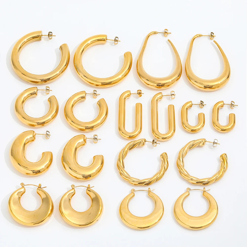 18K  PVD Gold Plated Waterproof No Fade  Light Weight Chunky Statement Hollow Stainless Steel Fashion Jewelry Hoop Earring