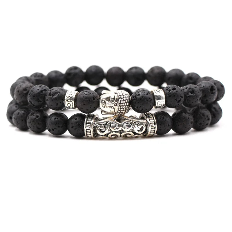 Beaded Buddha's Head Bracelet 8mm Natural Stone Beads Bangle Men's Gorgeous Semi-Precious Black Onyx Lava Stone Bracelet gift