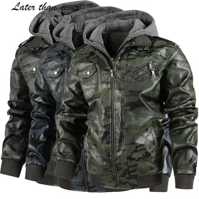 Men's EU Size PU Leather Jacket Winter Street Fashion Camouflage Design with Detachable Windproof Hood for Motorcycle Riding