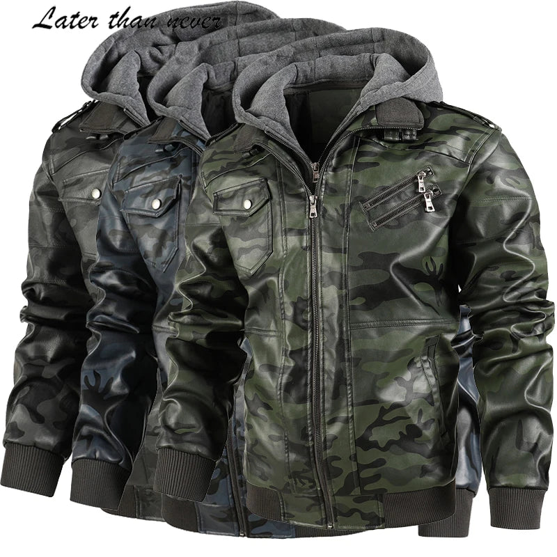 Men's EU Size PU Leather Jacket Winter Street Fashion Camouflage Design with Detachable Windproof Hood for Motorcycle Riding