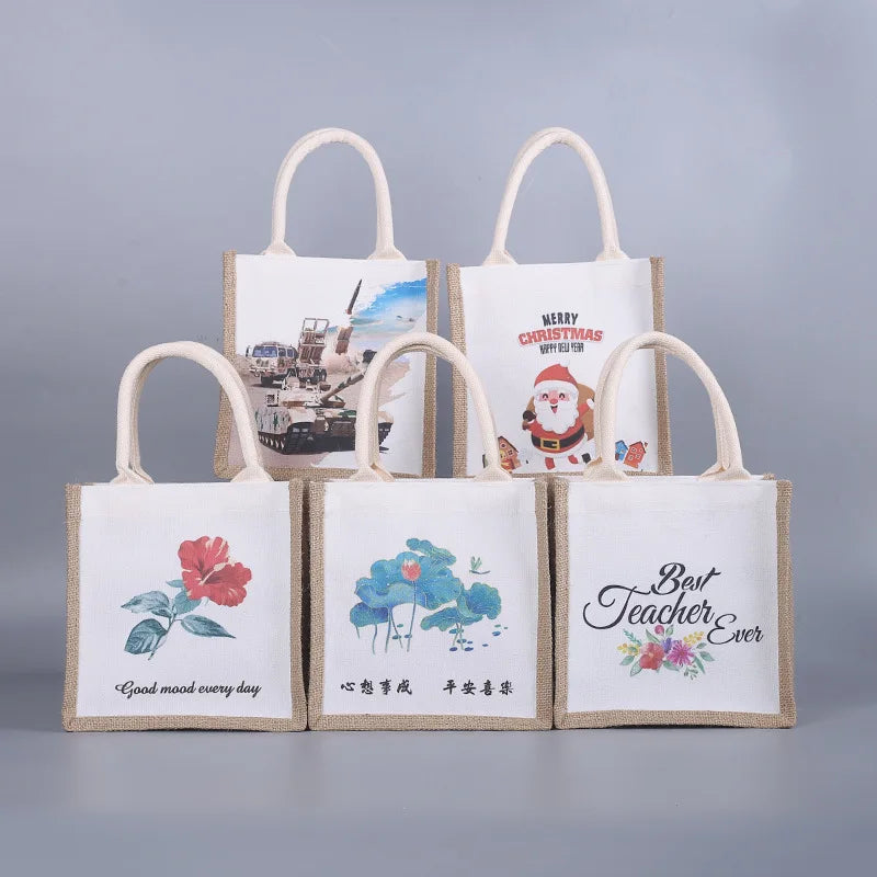 Wholesale Custom Print Standard Size Eco Organic Natural Souvenir Luxury Wedding Laminated Jute Fabric Tote Bag for Gifts