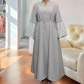 LM025 Modest Arabic Muslim Women's V-Neck Dress Silver Embroidery Linen Textured Maxi with Floor-Length Closed Abaya Belt Kaftan MegaBDM
