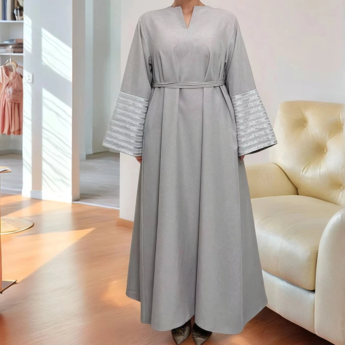 LM025 Modest Arabic Muslim Women's V-Neck Dress Silver Embroidery Linen Textured Maxi with Floor-Length Closed Abaya Belt Kaftan MegaBDM