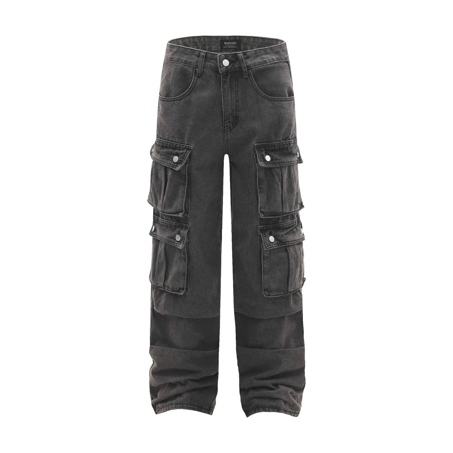 Heavy Wash Vintage High Quality Cotton Denim Breathable Button Straight Pocket Cargo Pants for Men All Season