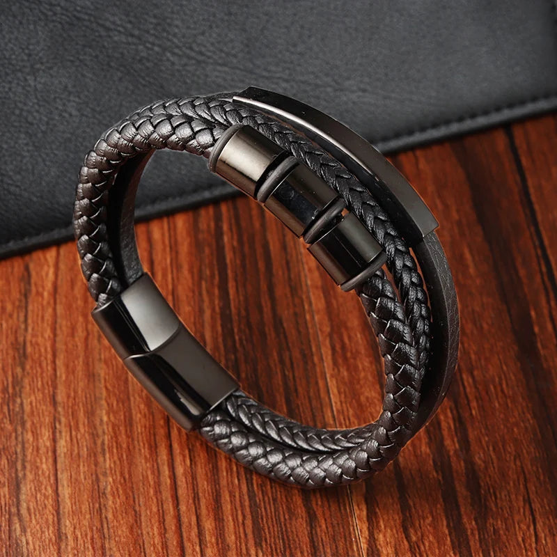 Multi Layer Real Leather Bracelets for Men Stainless Steel Bar Magnetic Clasp Bangles Casual Personalized Bracelet Man