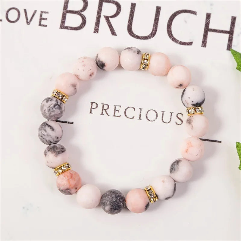 Handmade Elastic Matted Stone Gemstone Beads Bracelet Charm Jewelry 10mm Natural Stone Pink Zebra Bracelet