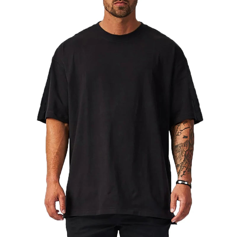 Custom Logo Mens Loose Oversized Fit Short Sleeve T-shirt With Dropped Shoulder Retro Fitness Bodybuilding Summer Gym T-shirt