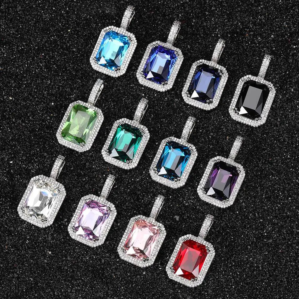 RQ Dainty Luxury Bezel Birthstone Stone Men Pendant Necklace Jewelry Black Sapphire Emerald Ruby Gemstone Necklace