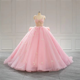 Princess Pink Quinceanera Dresses Lace Appliques Tulle Skirt Corset Sweet 16 Dress Off the Shoulder Ball Gown LSRL001