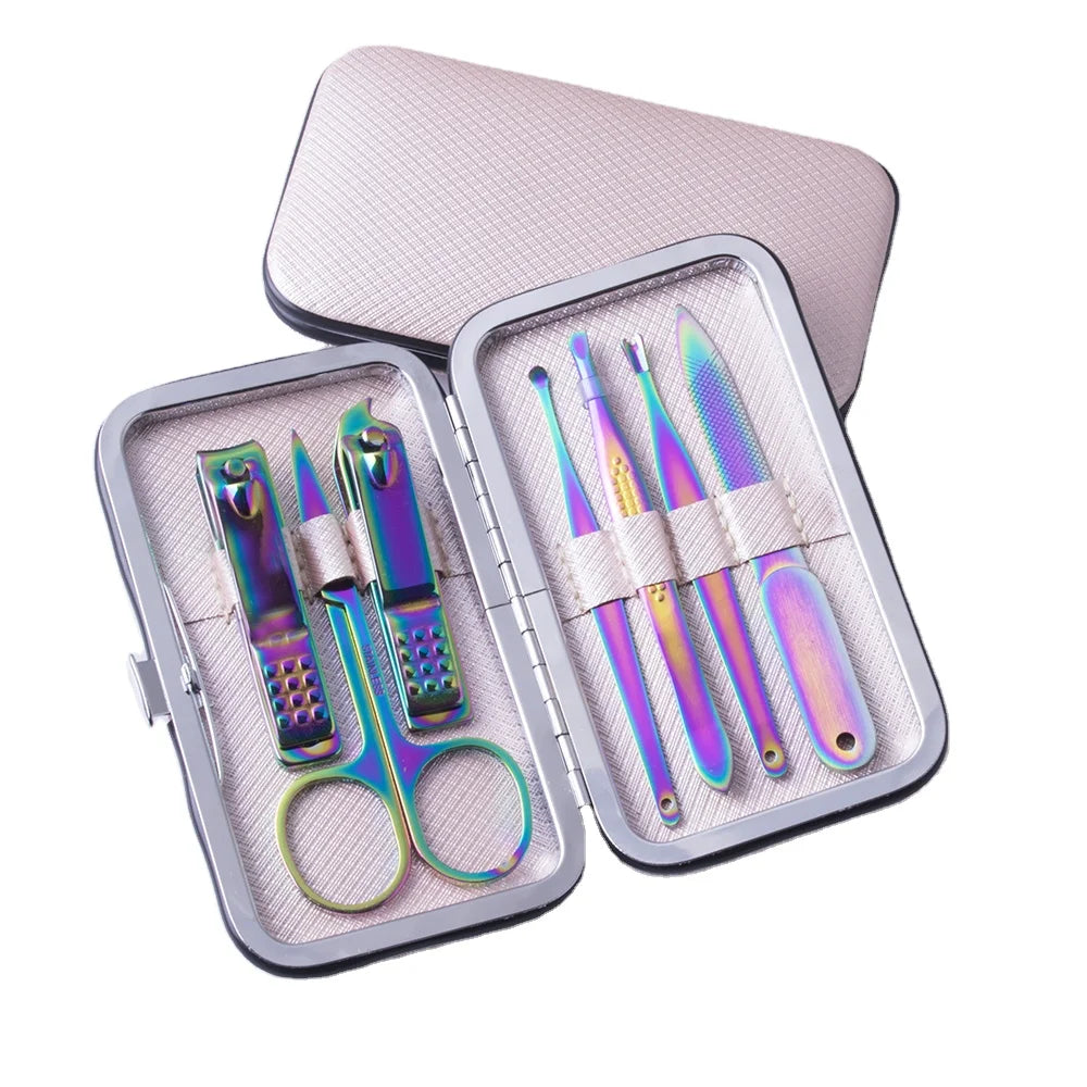 Factory Stainless Steel Mini Nail Accessories 7pcs Rainbow Manicure & Pedicure Kit Portable Travel Grooming Tool Set