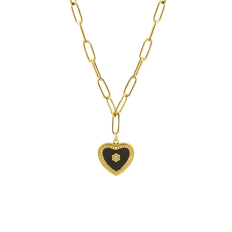Black Peach Heart Enamel Handmade Chain Clavicle Stainless Steel Plated 18K Real Gold Necklace