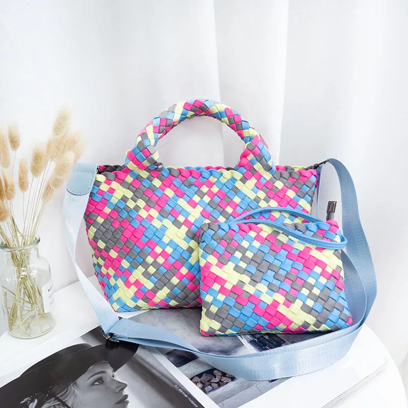 Good Capacity Cross Body Bags S Small Size Color Matching Woven Tote Handbag Hand Work Overlapping Mosaic Weave Bags for Women