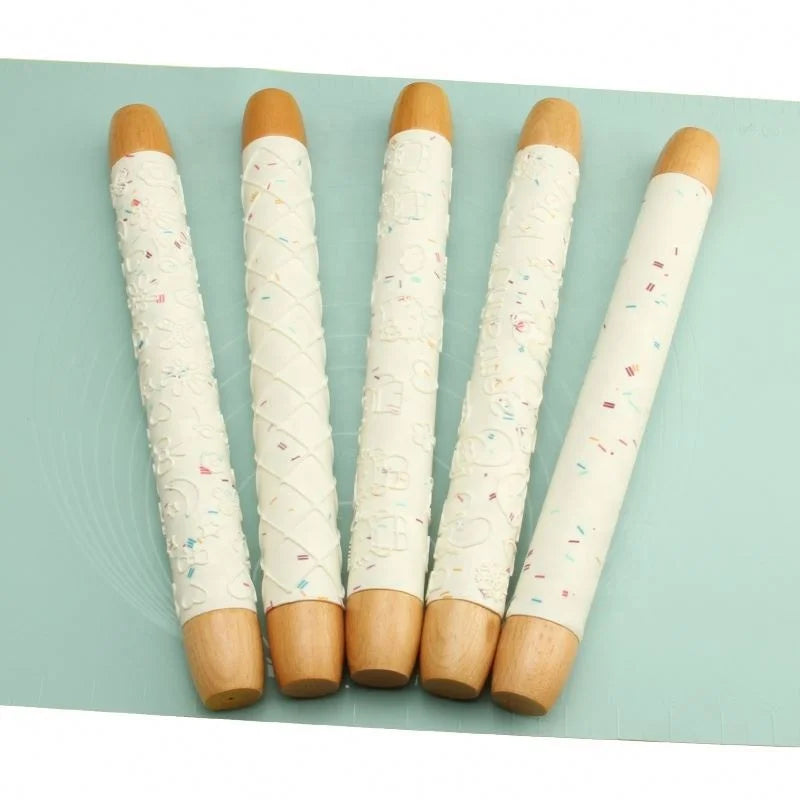 Hot Sale Silicone Wheat Flour Embossing Texture Patterns Rolling Pin Wood Handle With Color Particles Xmas Holidays