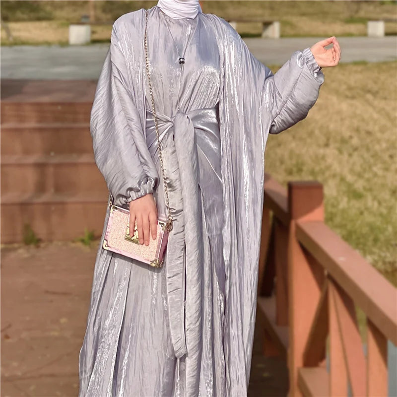Open Abaya Islamic Out Dress Ethnic Clothing Elastic Cuff Long Sleeve Muslim Kaftan Glitter Smooth Silk Satin Abaya