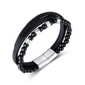Beaded Agate Multi-Layer Genuine Leather Braided Stainless Steel Magnetic Clasp Men's Trendy Gift Bracelet