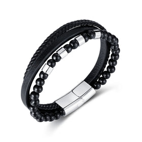 Beaded Agate Multi-Layer Genuine Leather Braided Stainless Steel Magnetic Clasp Men's Trendy Gift Bracelet