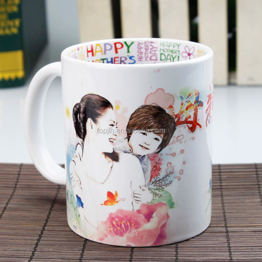 Topjlh 11oz White Ceramic Coffee Mug Inside Printed Mother's Day Design for Gift Giving Bulk Wholesale
