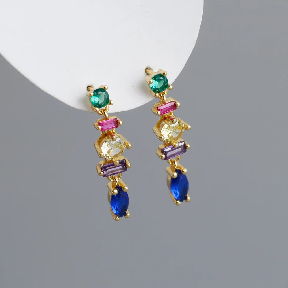 Tassel Jewelry Geometric Colorful Zircon Stud Luxury Gold Plated 925 Sterling Silver Earrings Women
