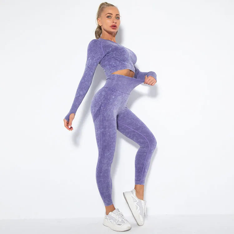 New Seamless Wash Yoga Set Sports Fitness Long Sleeve Top Hip Lift Yoga Pants Two Piece Yoga Set