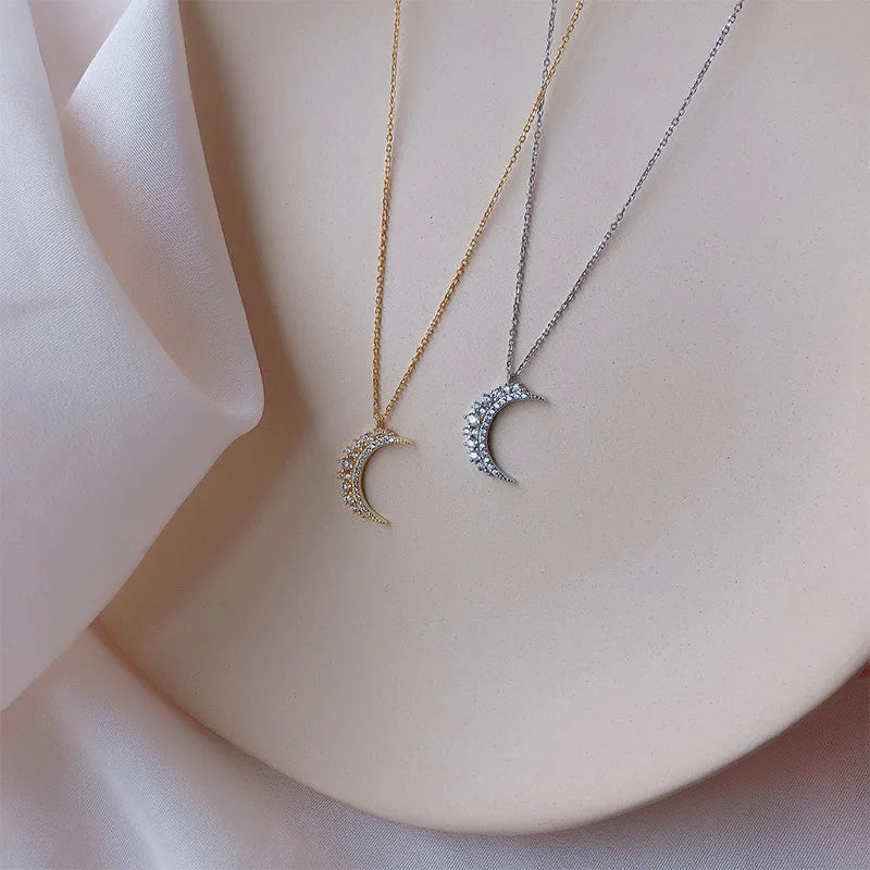 New Arrival Korean Fashion Pure 925 Sterling Silver CZ Zircon Crescent Moon Pendant Necklace for Women Jewelry