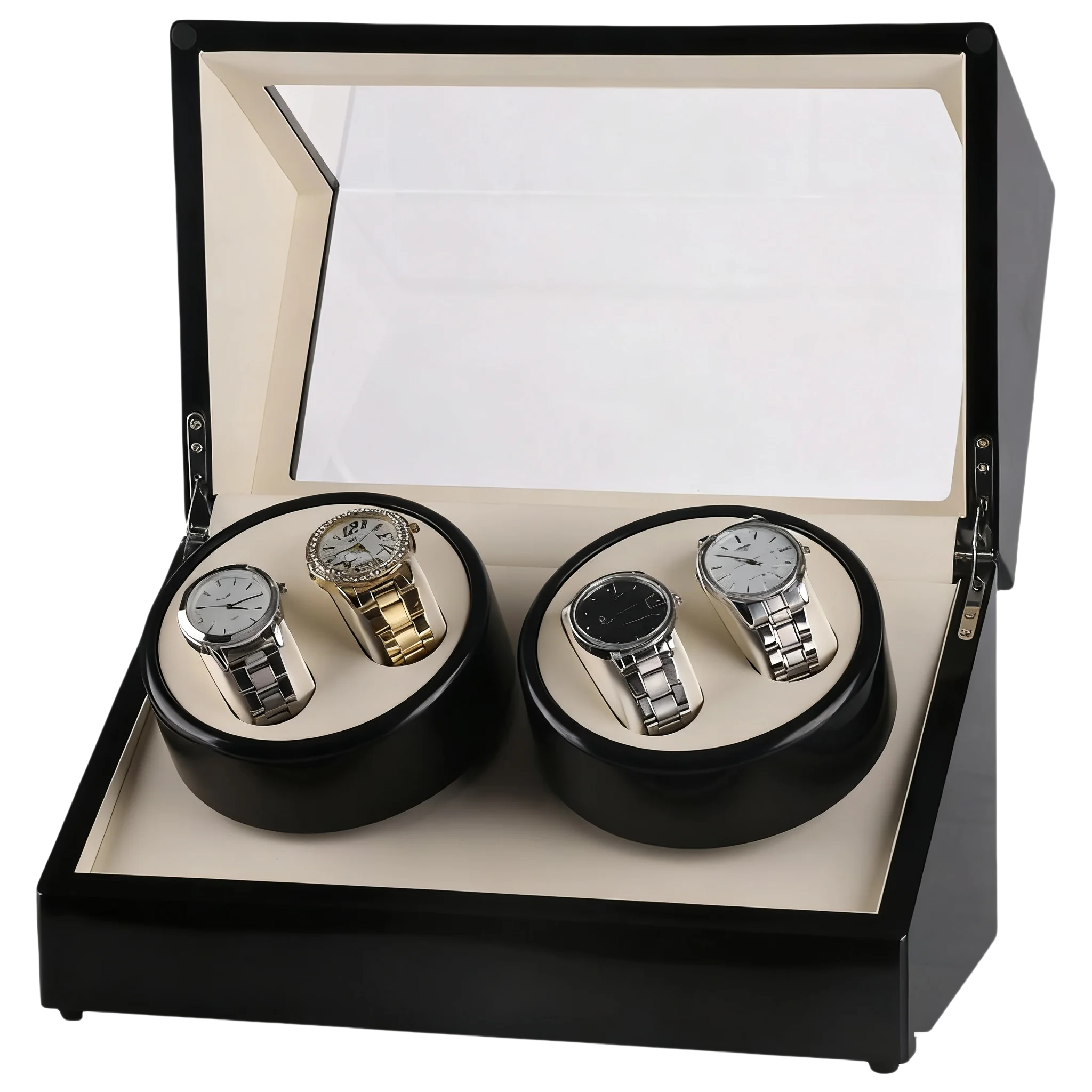 Wholesale Luxury Black Lacquer Automatic Watch Winder Box 4 Slots Safe Wood Rotating Storage Display Case with Window