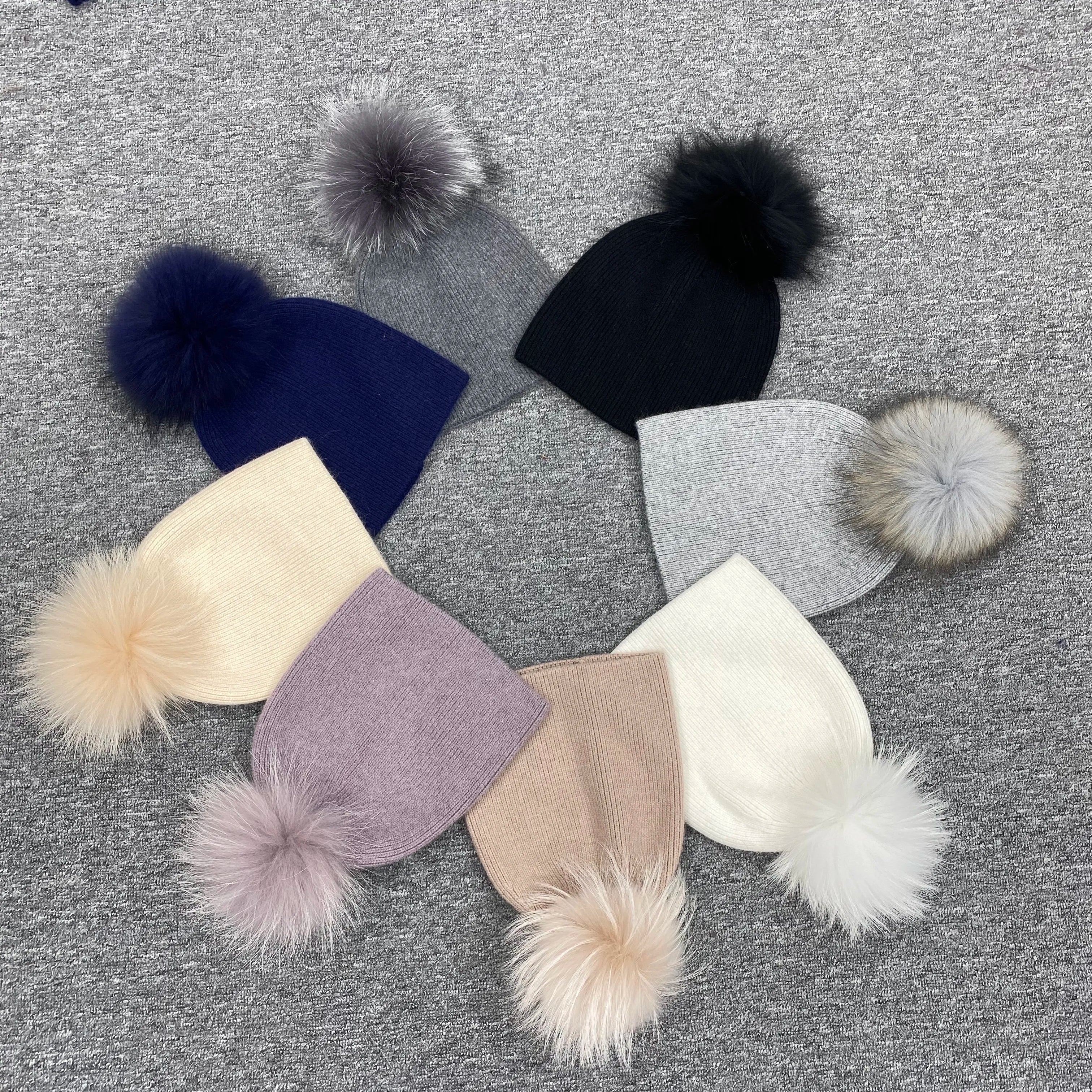 Wholesale Luxury Brand Beanie Women Winter Hats Colourful Rabbit Fur Knitted Angora Beanie