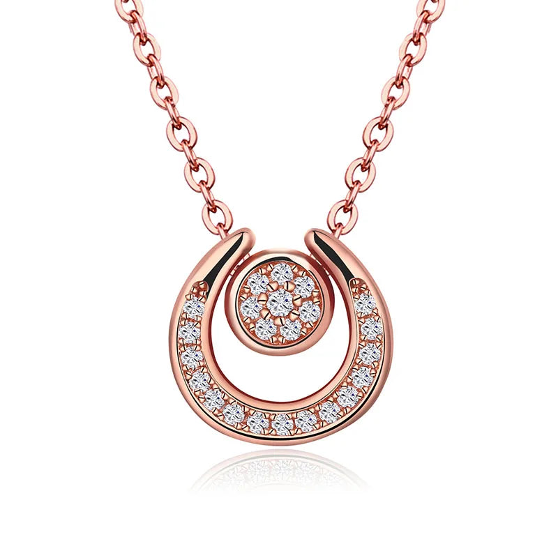Rose Gold Plated 925 Sterling Silver Round Cz Jewelry Double Pendant Cubic Zirconia Horseshoe Necklace