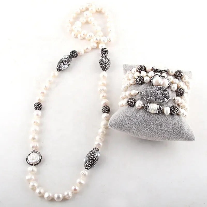 Fashion Women Pearl Jewelry Set Knotted Handmade Paved 7-8mm Freshwater Pearl Necklace Bracelet Set
