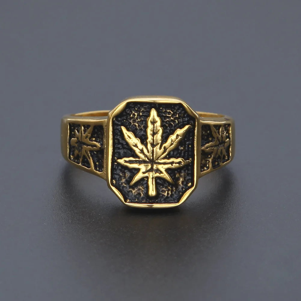 Men Stainless Steel Ring Hip Hop Punk Style Gold Color Black Oil Maple Leaf Weed Rings Jewelry Size 8/9/10/11/12