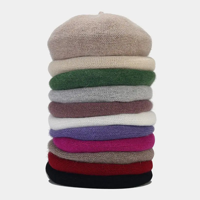 Fashionable Retro Rabbit Hair Knit Beret Hat for Ladies Winter Street Style Flat Peaked Beret for Casual Daily Outdoor Scenes