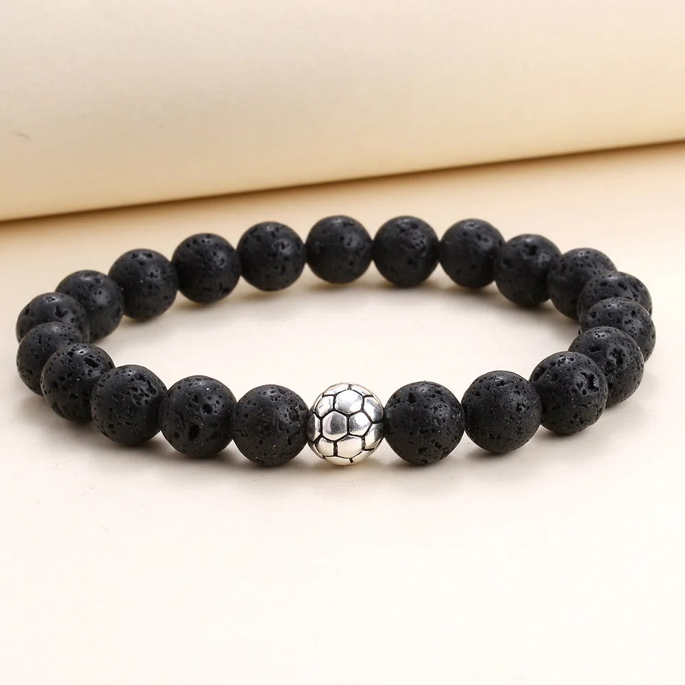 New Custom 8mm Football Fans Soccer Charm Beads Wristband Stretch Natural Lava Stone Beaded Bracelet gift