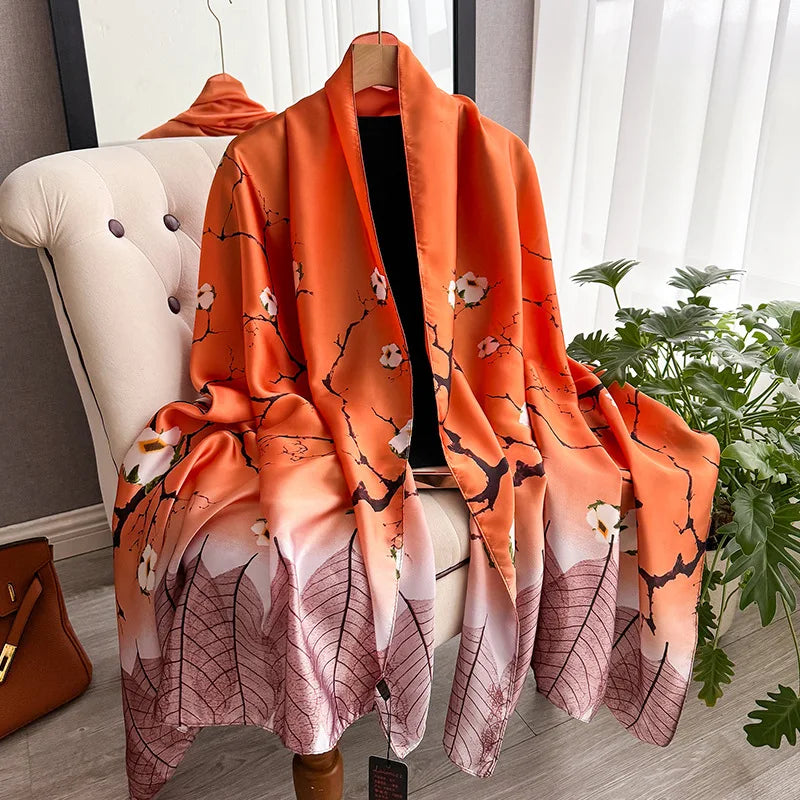 Wholesale 2025 New Styles Imitation Silk Scarf Custom Printing Head Wrap Hair Scarves Elegant Flower Pattern Floral Silk Shawls