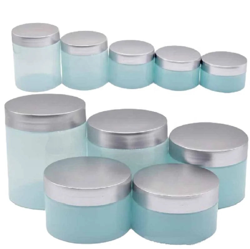 100 120 150 200 250g PET Plastic Cream Jars Cosmetic Blue Hair Gel Body Scrub Container Empty Face Eye Cream Jar with Silver Lid