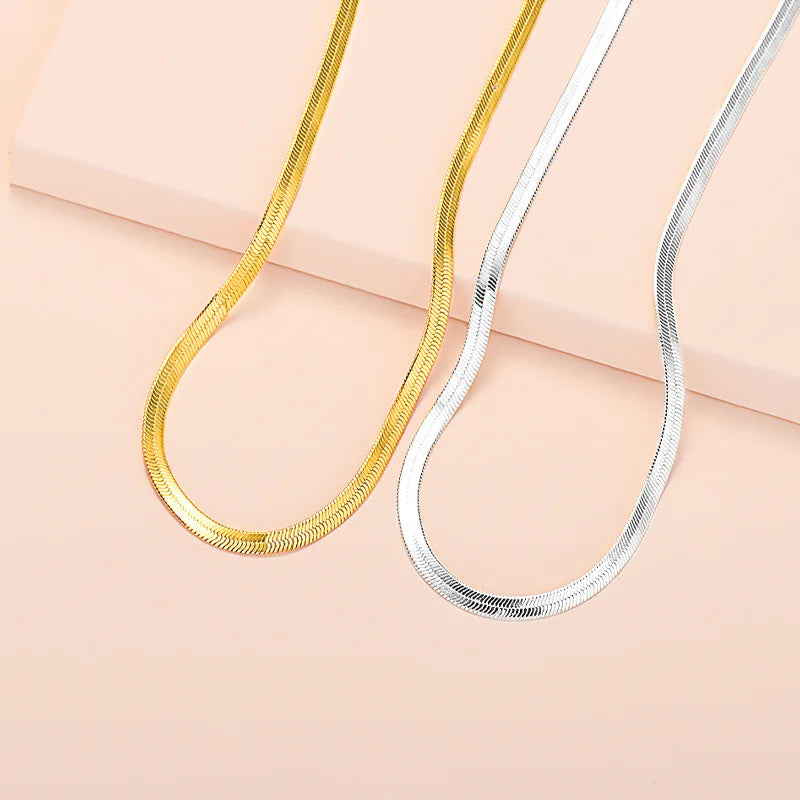Solid 18K Gold Plated Flat Snake Bone 925 Sterling Silver Herringbone Chain Necklace Wholesale